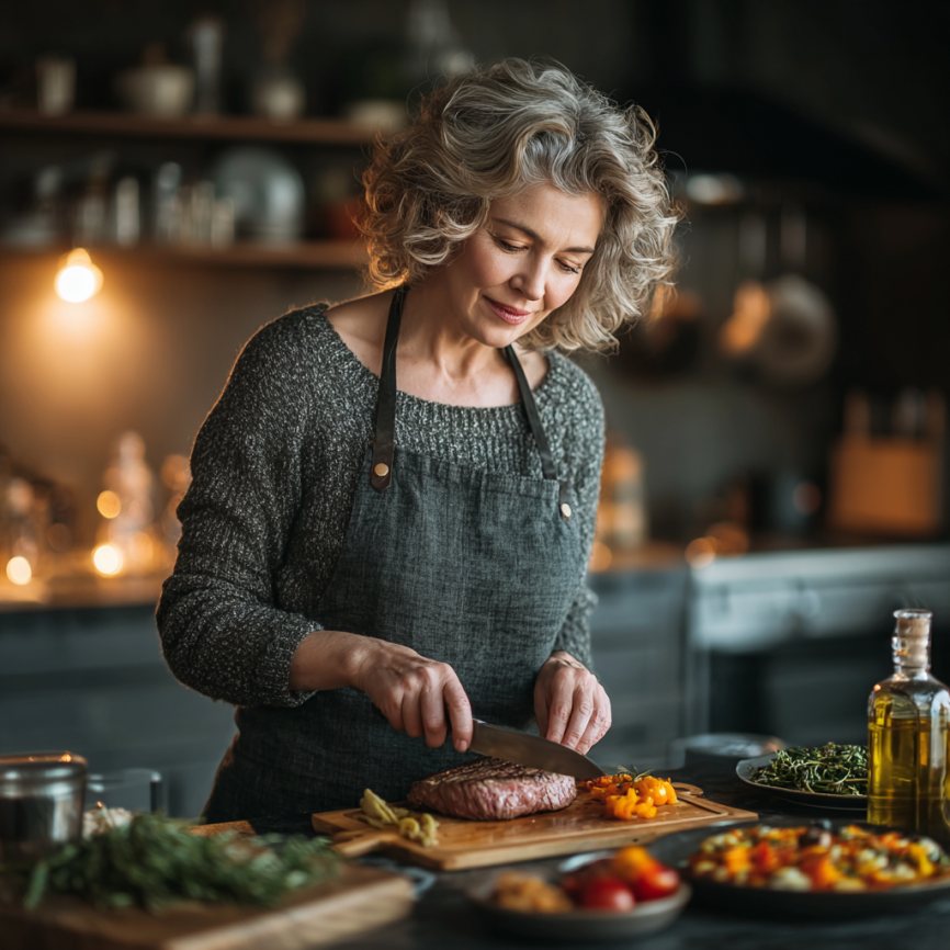 Літня пара готує здорову їжу на кухні